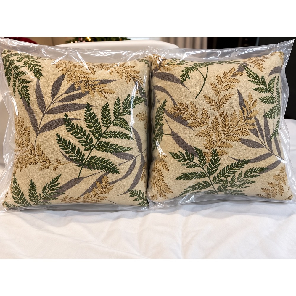 Set of 2 Botanical Fern Leaf Throw Pillows Beige Green Gold Woven Square 13x13